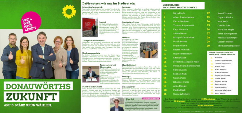 Vorderseite unseres Stadtratswahlflyers Grüne Liste Albert Riedelsheimer